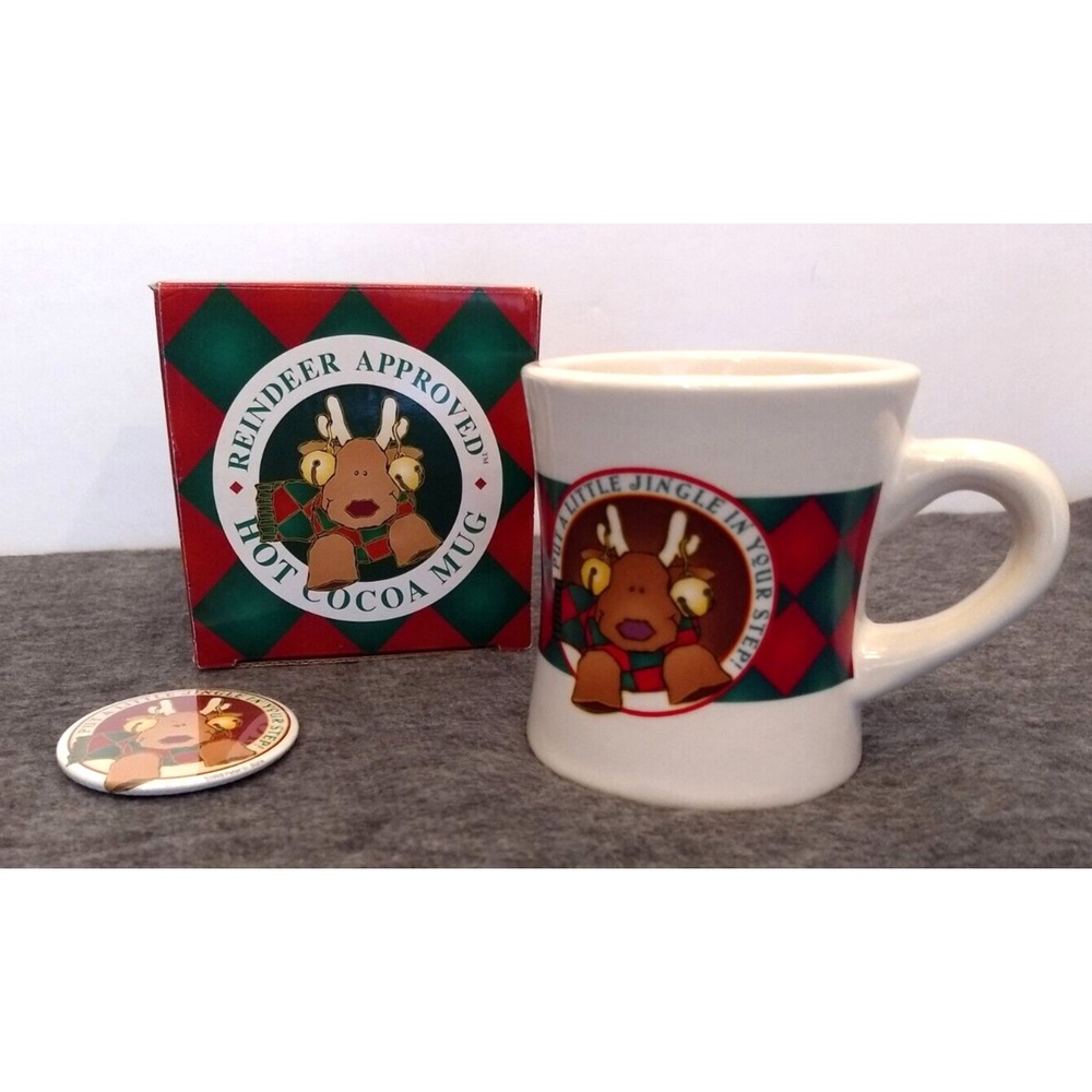 Vtg Peter G Blank Reindeer Coffee Mug Gift Set w/ Button Pin Orig. Box 1998 NEW